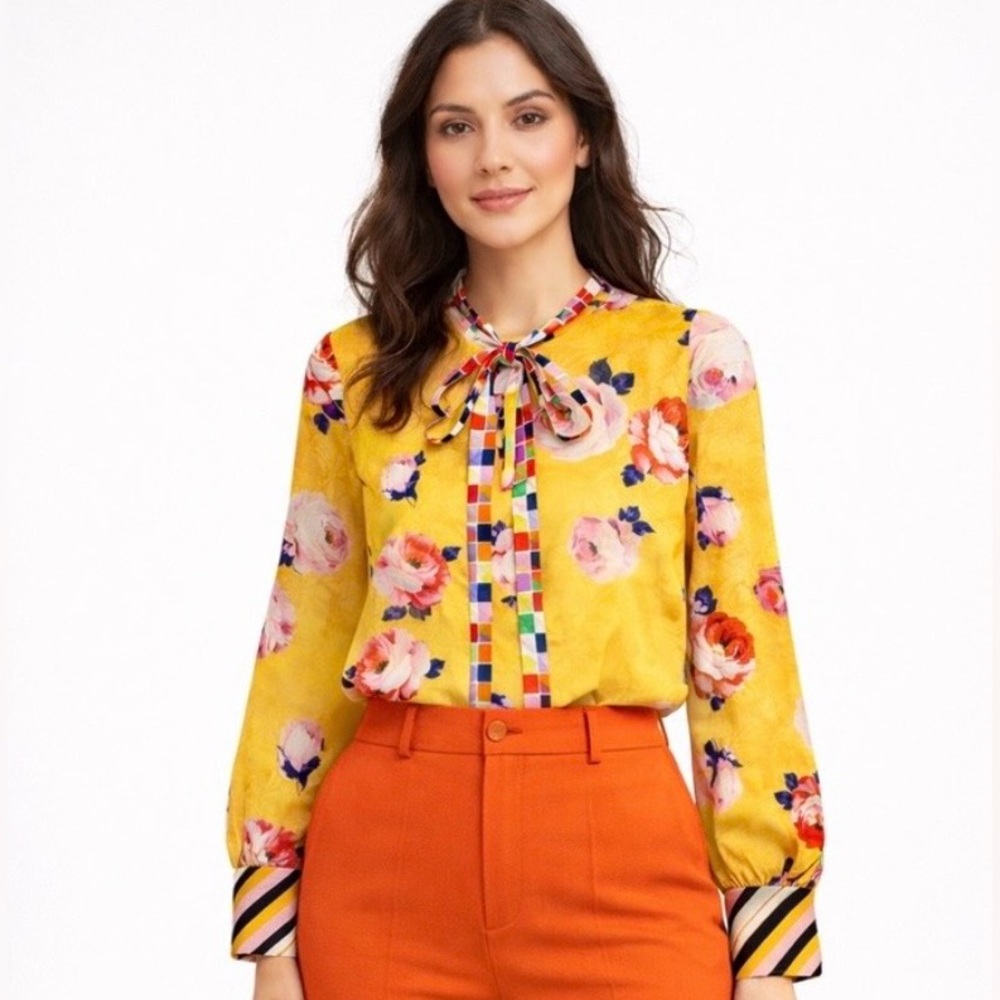 MSGM 100% Silk Yellow Floral Tie-Neck Blouse Size 40 Designer Italian